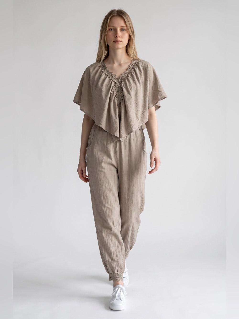 Relaxed Taupe Jumpsuit with Draped V-Neck